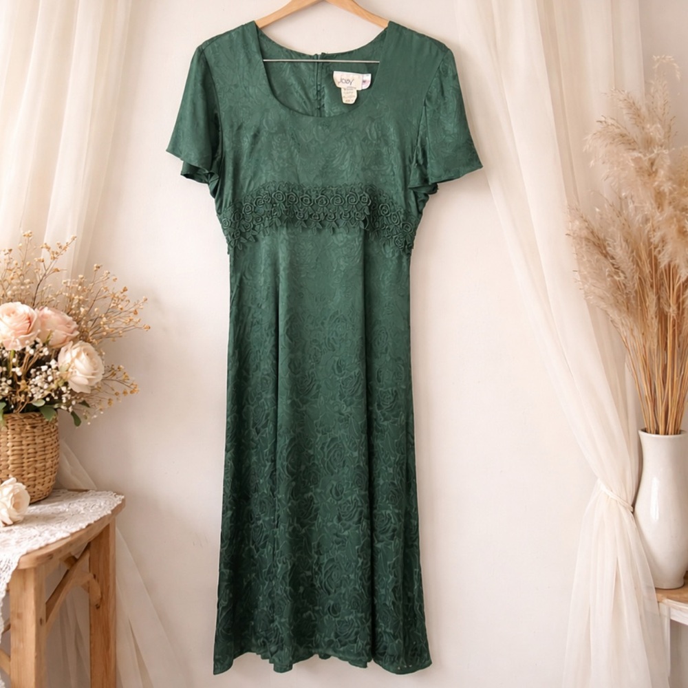 Vintage 90s Forest Green Jacquard Floral Maxi Dress Lace Tie Wedding Guest 6